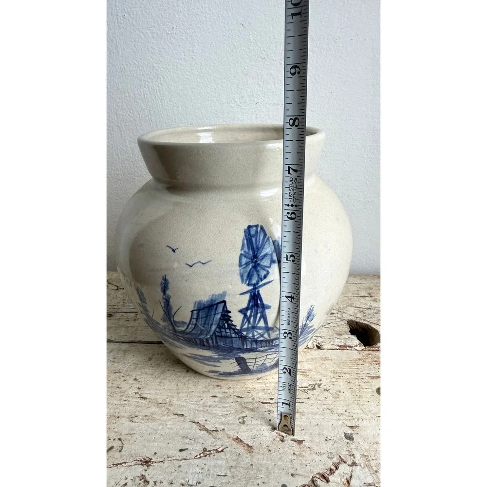 Vintage P.R. Storie Pottery Marshall TX Blue Windmill Farm Scene Crock